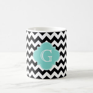 Black White Chevron Aqua Quatrefoil Monogram Kaffemugg