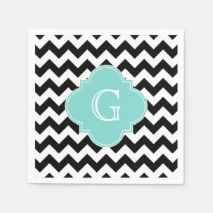 Black White Chevron Aqua Quatrefoil Monogram Pappersservett
