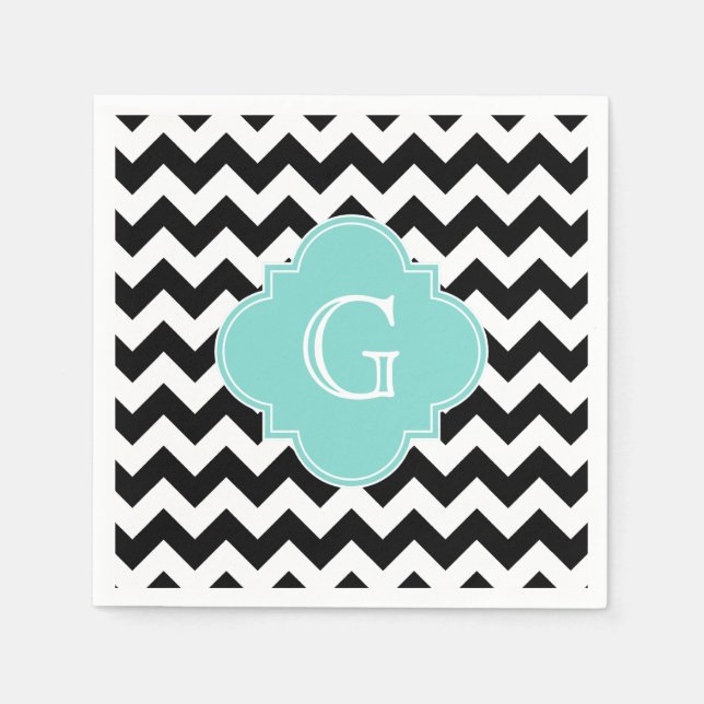 Black White Chevron Aqua Quatrefoil Monogram Pappersservett (Framsidan)