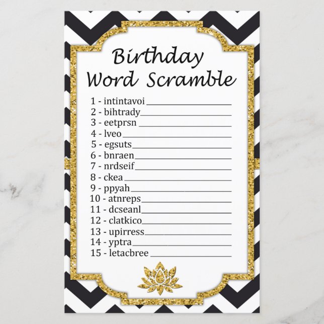 Black White Chevron Birthday Ord Scramble Game (Framsida)