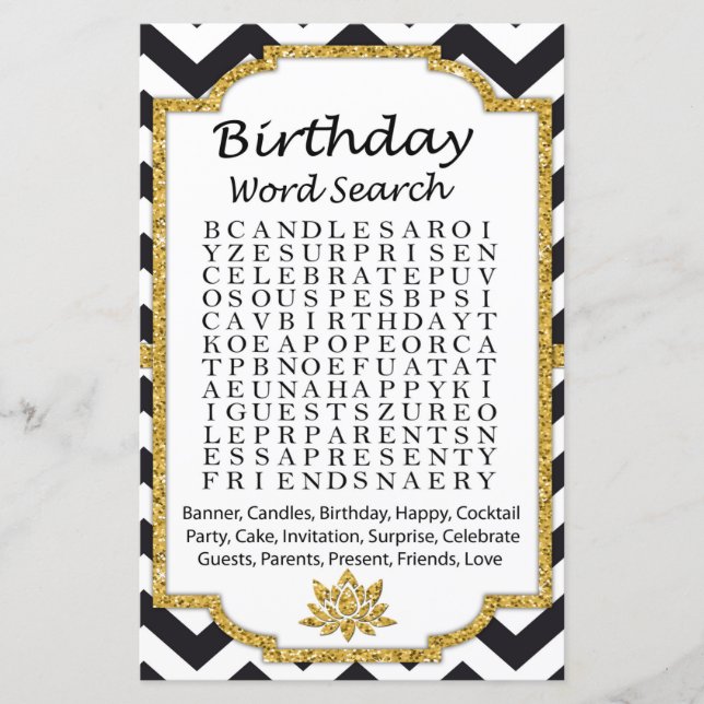 Black White Chevron Birthday ord sökspel (Framsida)