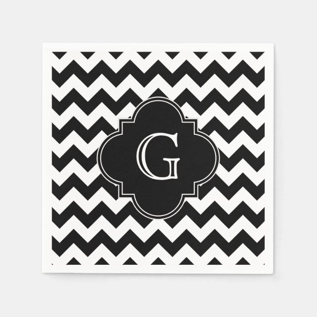 Black White Chevron Black Quatrefoil Monogram Pappersservett (Framsidan)