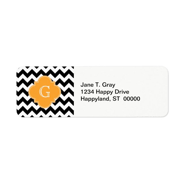 Black White Chevron Cantaloupe Quatrefoil Monogram Returadress Etikett (Framsidan)