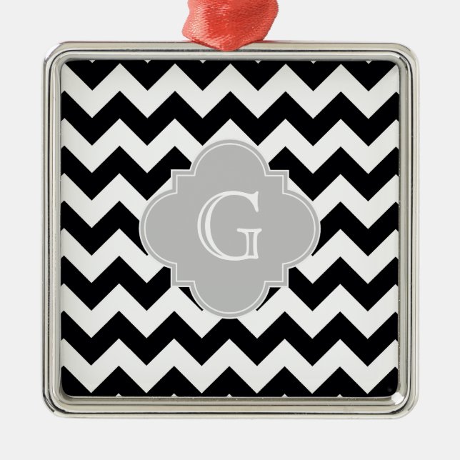 Black White Chevron Grått Quatrefoil Monogram Julgransprydnad Metall (Framsidan)