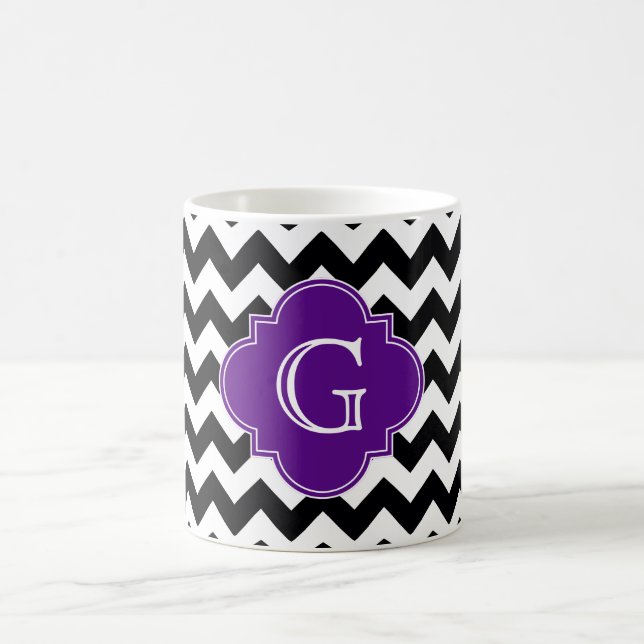 Black White Chevron Lila Quatrefoil Monogram Kaffemugg (Center)
