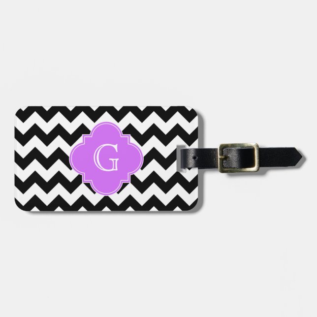 Black White Chevron Lilac Quatrefoil Monogram Bagagebricka (Horisontell Framsida)