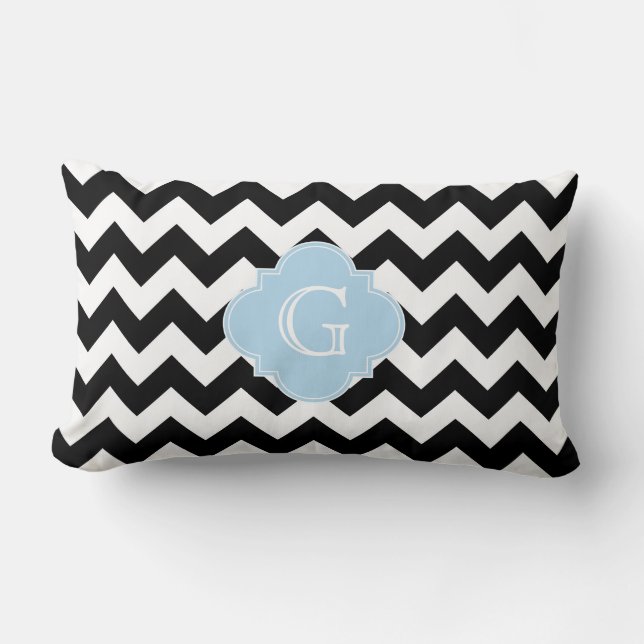 Black White Chevron Lt Blue Quatrefoil Monogram Lumbarkudde (Framsida)