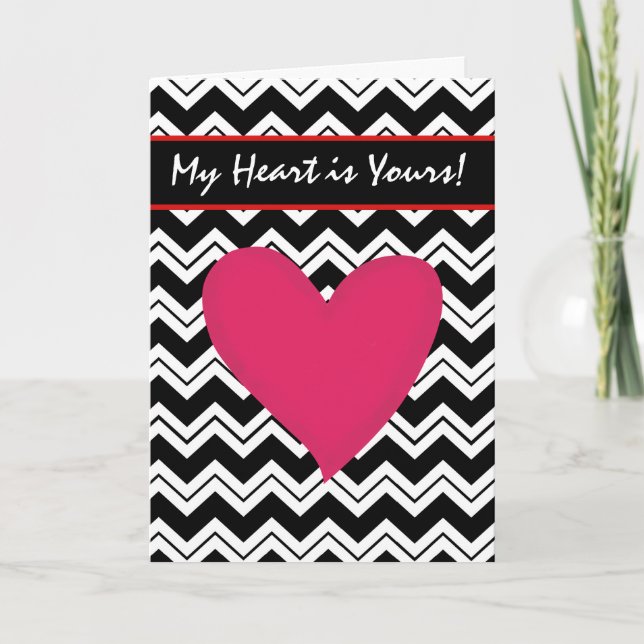 Black White Chevron Red Heart Valentine Helgkort (Framsida)