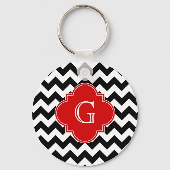 Black White Chevron Red Quatrefoil Monogram Nyckelring (Framsida)