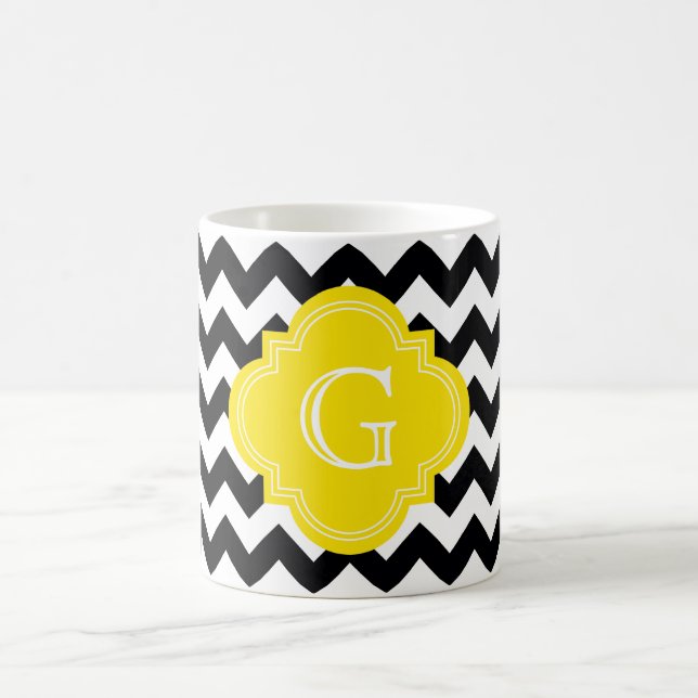 Black White Chevron Zig-Zag Gult Monogram Kaffemugg (Center)