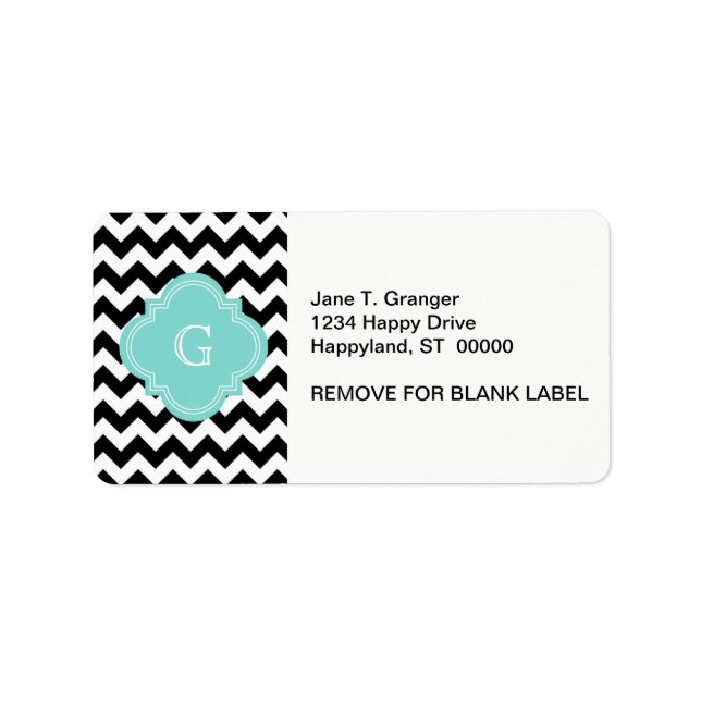 Black White Chevron Zig-Zag Turcos Monogram Adressetikett (Framsidan)