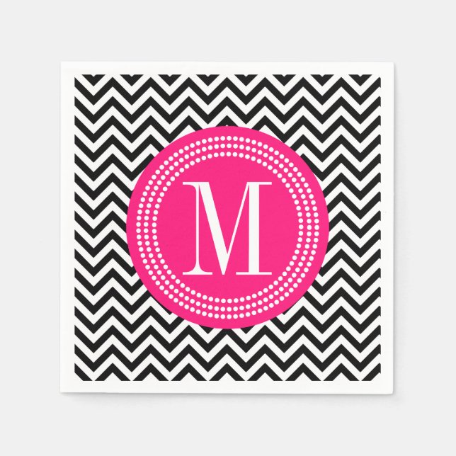 Black & White Chevron Zigzag Personlig Monogram Pappersservett (Framsidan)