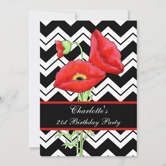Black White Chevron ZizZag Red Poppy 21:a födelsed Inbjudningar (Framsida)