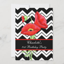 Black White Chevron ZizZag Red Poppy 21:a födelsed Inbjudningar