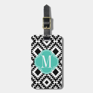 Black & White Chic Aztec Tribal Monogrammed Bagagebricka