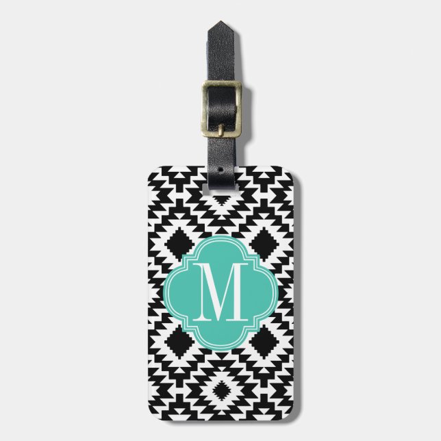 Black & White Chic Aztec Tribal Monogrammed Bagagebricka (Vertikal Framsida)