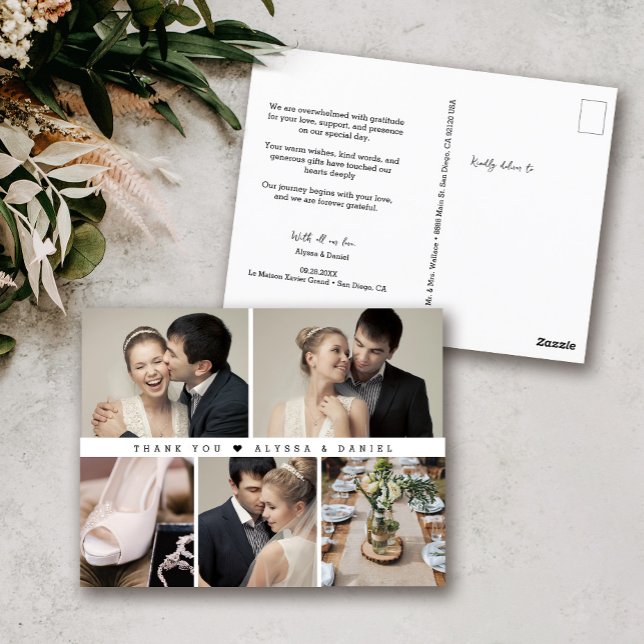 Black White Chic Bröllop Photo Collage Trendig Vykort (Modern Wedding Photo collage, simple thank you postcard template.)