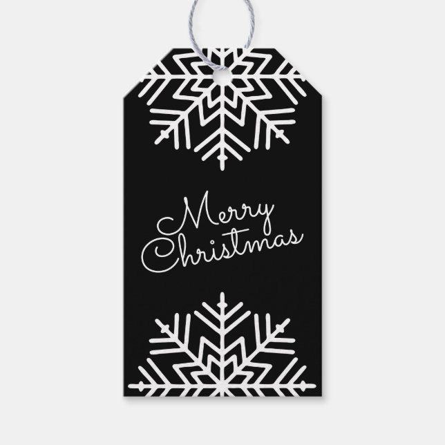 Black & White Chic Merry Christmas w/ Snowflakes Presentetikett (Framsidan)