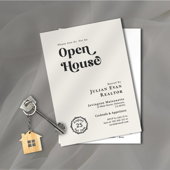 Black & White Chic Typography Business Open House Inbjudningar (Property Photo Background Typography Open House Invitation)