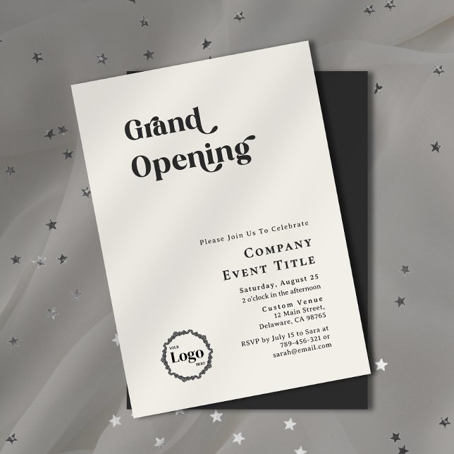 Black & White Chic Typography Grand Open Inbjudningar (Property Photo Background Typography Open House Invitation)