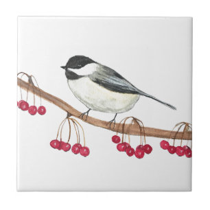 Black White Chickadee Bird Wildlife Watercolor Kakelplatta