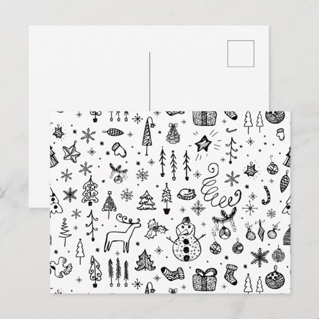 Black & White Christmas Icons Pattern – Cute  Inbjudan Vykort (Fram/baksida)