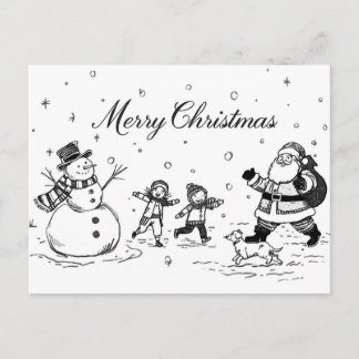 Black & White Christmas Postcard – Snowman, Santa  Helg Vykort