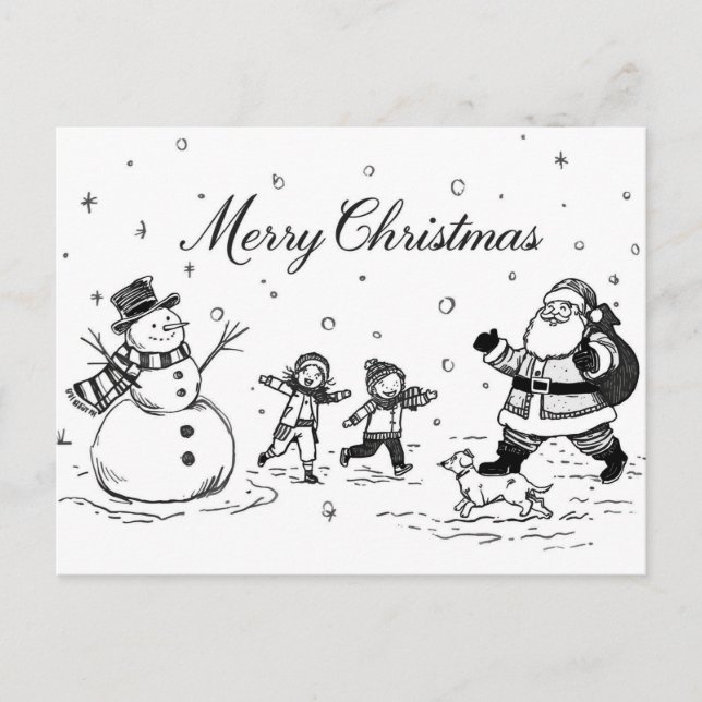 Black & White Christmas Postcard – Snowman, Santa  Helg Vykort (Framsida)