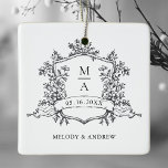 Black & White Classic Floral Crest Wedding Photo<br><div class="desc">This wedding ceramic ornament features a classic black and white floral crest,  with a photo on the back.  Perfect for weddings,  birthdays,  graduations,  and other events. For more advanced customization of this design,  please click the BLUE DESIGN TOOL BUTTON above!</div>