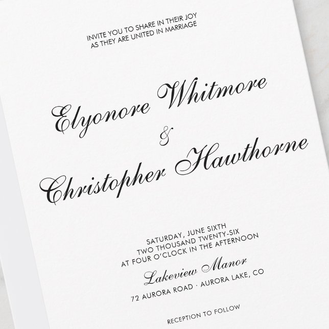 Black White Classic Timeless Calligraphy Wedding Inbjudningar (Skapare uppladdad)