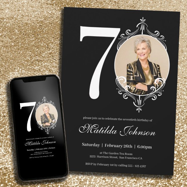 Black White Classy Anpassningsbar Photo 70 Birthda Inbjudningar (70th Birthday Black White Classy Custom Photo Invitation)