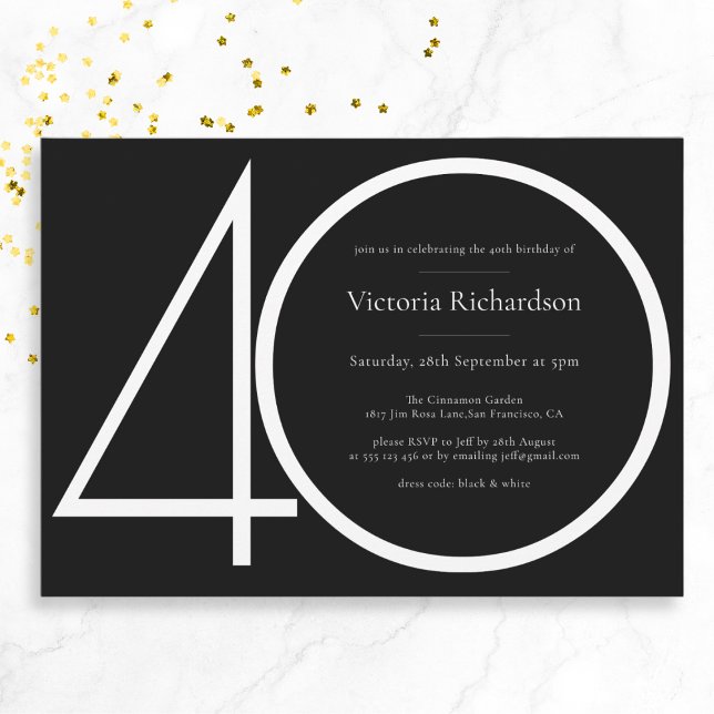 Black White Classy Modern Minimalist 40:e födelsed Inbjudningar (Mockup View)