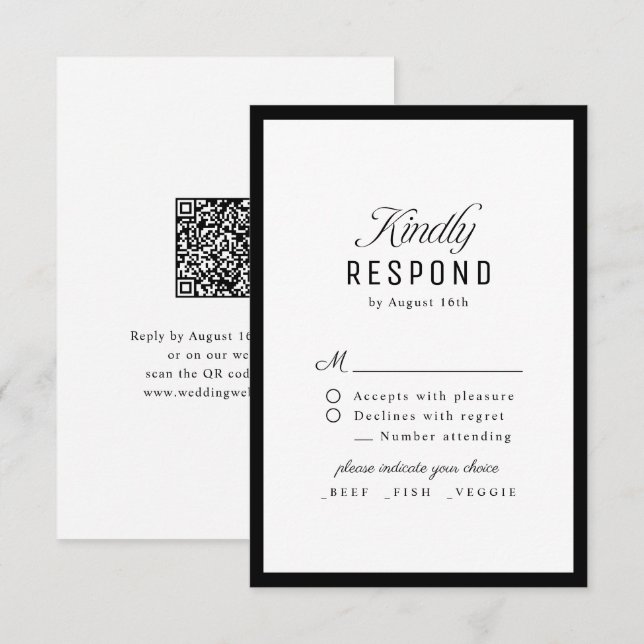 Black White Classy Script Elegant QR code Wedding OSA Kort (Fram/baksida)
