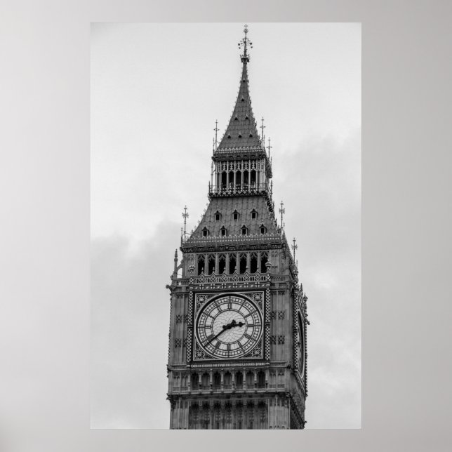 Black White Close Big Ben Clock Torn London Poster (Framsidan)