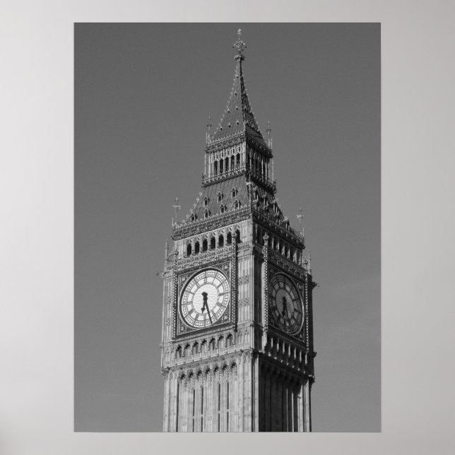 Black White Close Big Ben Clock Torn London Poster (Framsidan)