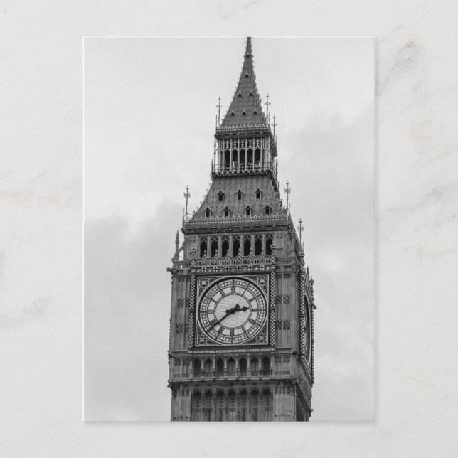 Black White Close Big Ben Clock Torn London Vykort (Framsida)