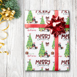 Black White Cocker Spain, Bird, Julgran Presentpapper<br><div class="desc">Det upprepade mönster på denna söta julomslagning papper är en bild av en berömvärd svart och vit partiskhet färg Cocker-spanjor som bär en julhatt och röd båge. Hund finns bland paket som är en lätt inslagen gåva bredvid ett dekorerat Julgran. En bullfinkfågel landar på träd bakom den. God jul" står...</div>