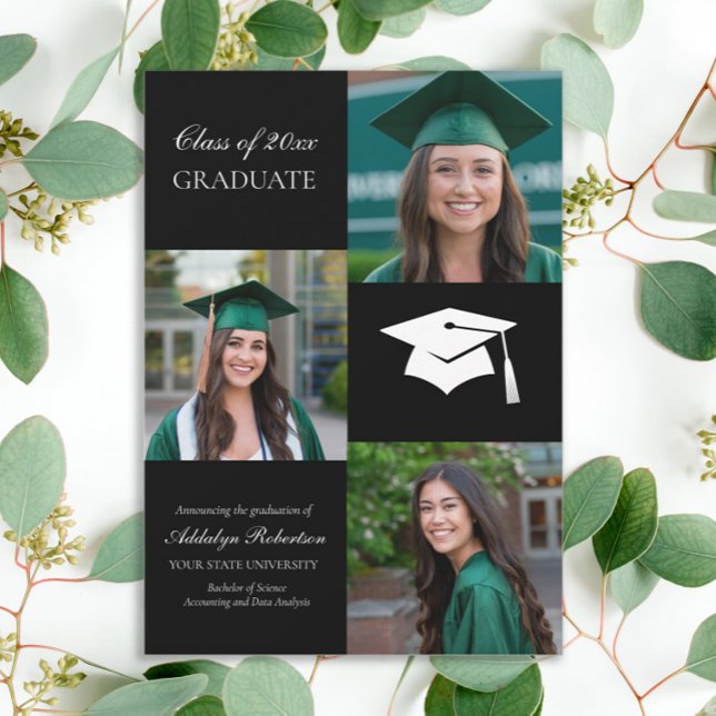 Black White College Universiteten Photo Studenten Meddelande (Elegant black 3-photo graduation announcement)