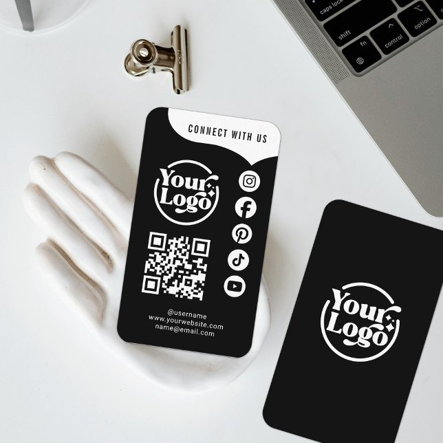 Black White Connect With Us QR Code 5 Social Media Visitkort (Skapare uppladdad)