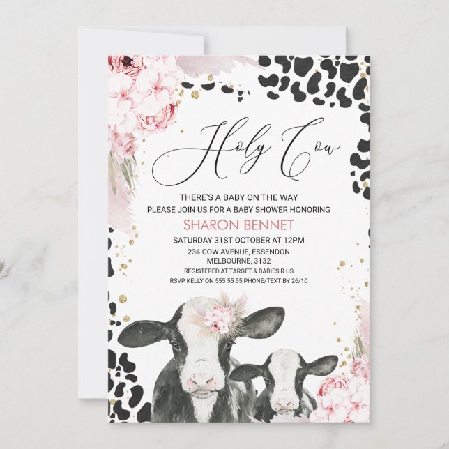 Black White Cow Calf Boho Blommigt Baby Shower Inbjudningar (Framsida)