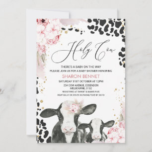 Black White Cow Calf Boho Blommigt Baby Shower Inbjudningar