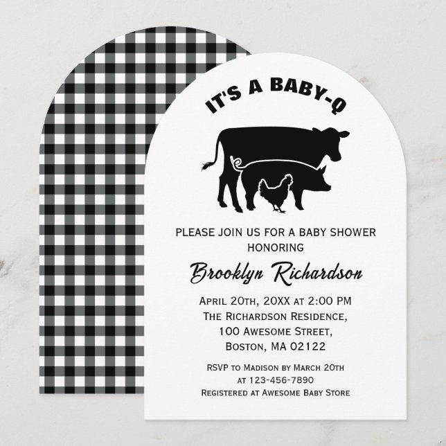Black White Cow Gris Chicken BabyQ BBQ Baby Shower Inbjudningar (Fram/baksida)