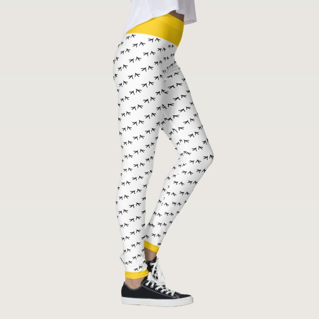 Black & White Crazy Chicken Foot Prints Gult Pop Leggings (Höger)