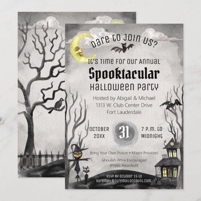 Black White Creepy Costume Party Spooky Halloween Inbjudningar (Fram/baksida)
