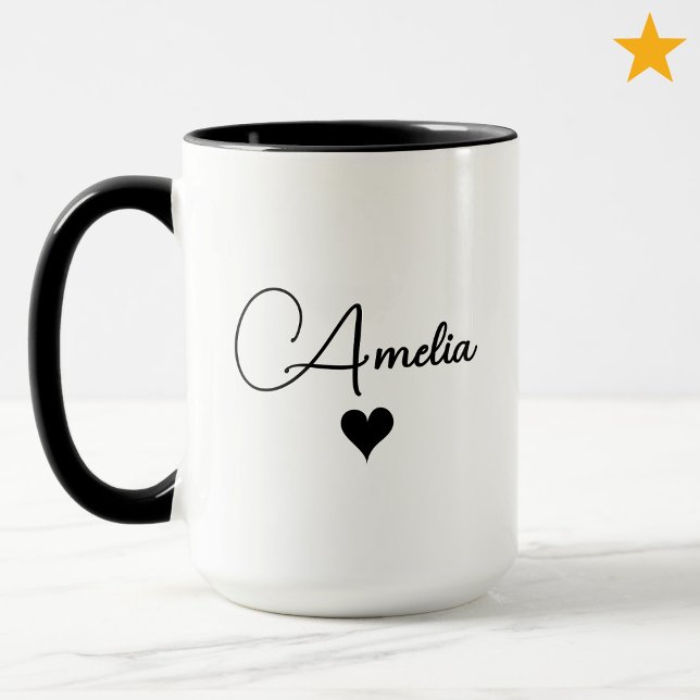 Black White Custom Name Cursive Typography Heart Mugg (Skapare uppladdad)