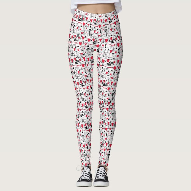 Black White Cute Cute Red Heart Leggings (Framsida)