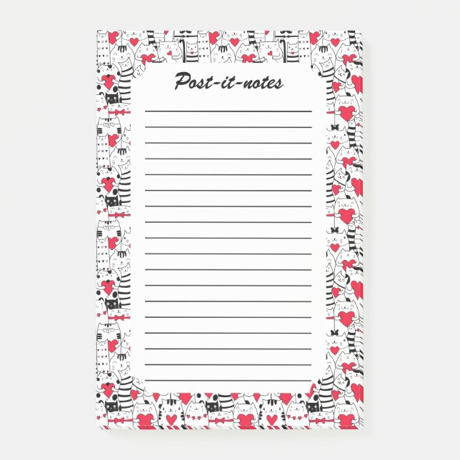Black White Cute Cute Red Heart Post-it Block (Framsida)
