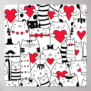 Black White Cute Cute Red Heart Poster