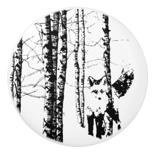 Black White Cute Fox i fågelskogens djurart Knopp