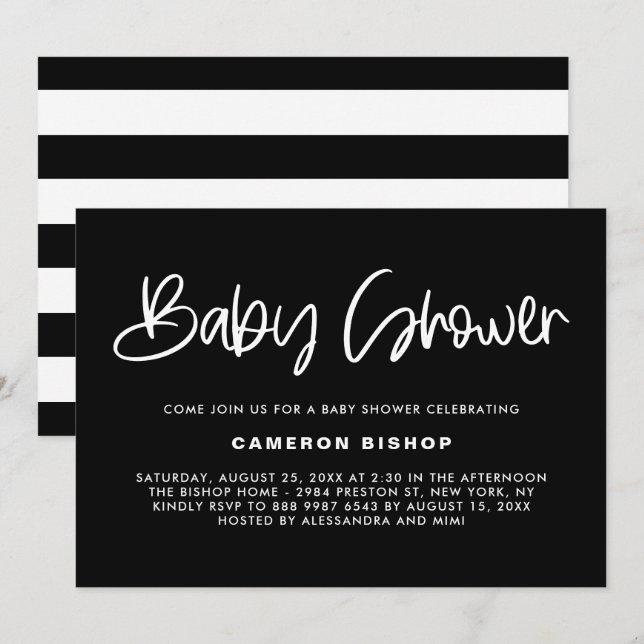 Black & White Cute Modern Calligraphy Baby Shower Inbjudningar (Fram/baksida)